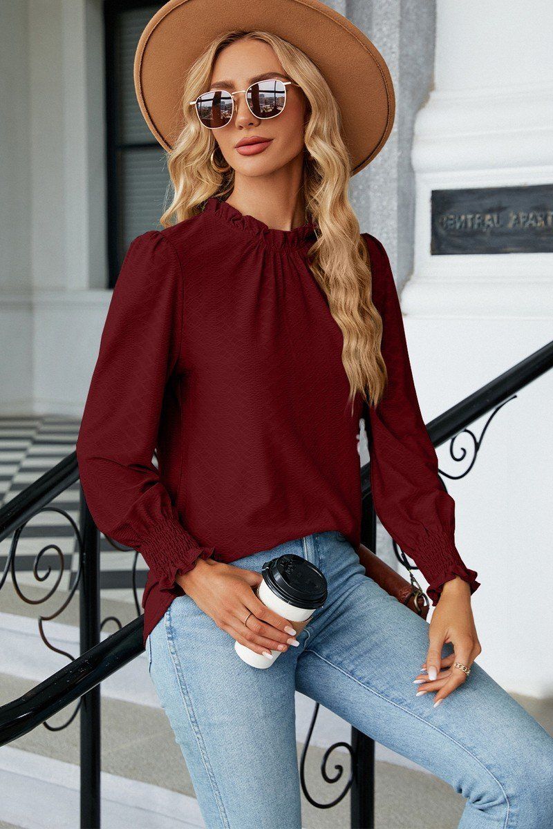 WOMEN RUFFLED HIGH NECK LONG SLEEVE BLOUSE