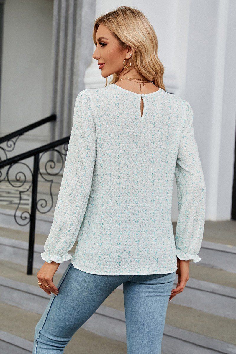 WOMEN FLORAL RUFFLE SLEEVE ROUND NECK FALL BLOUSE