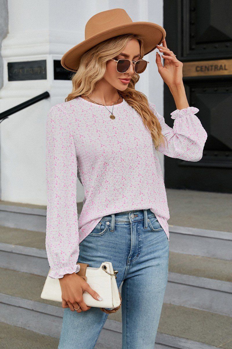 WOMEN FLORAL RUFFLE SLEEVE ROUND NECK FALL BLOUSE