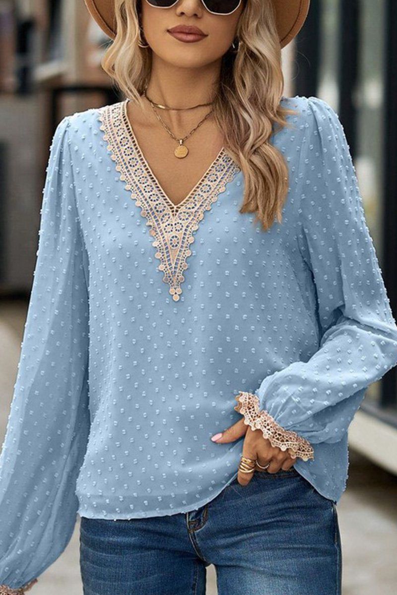 WOMEN GUIPURE LACE TRIM SWISS DOT CASUAL BLOUSE