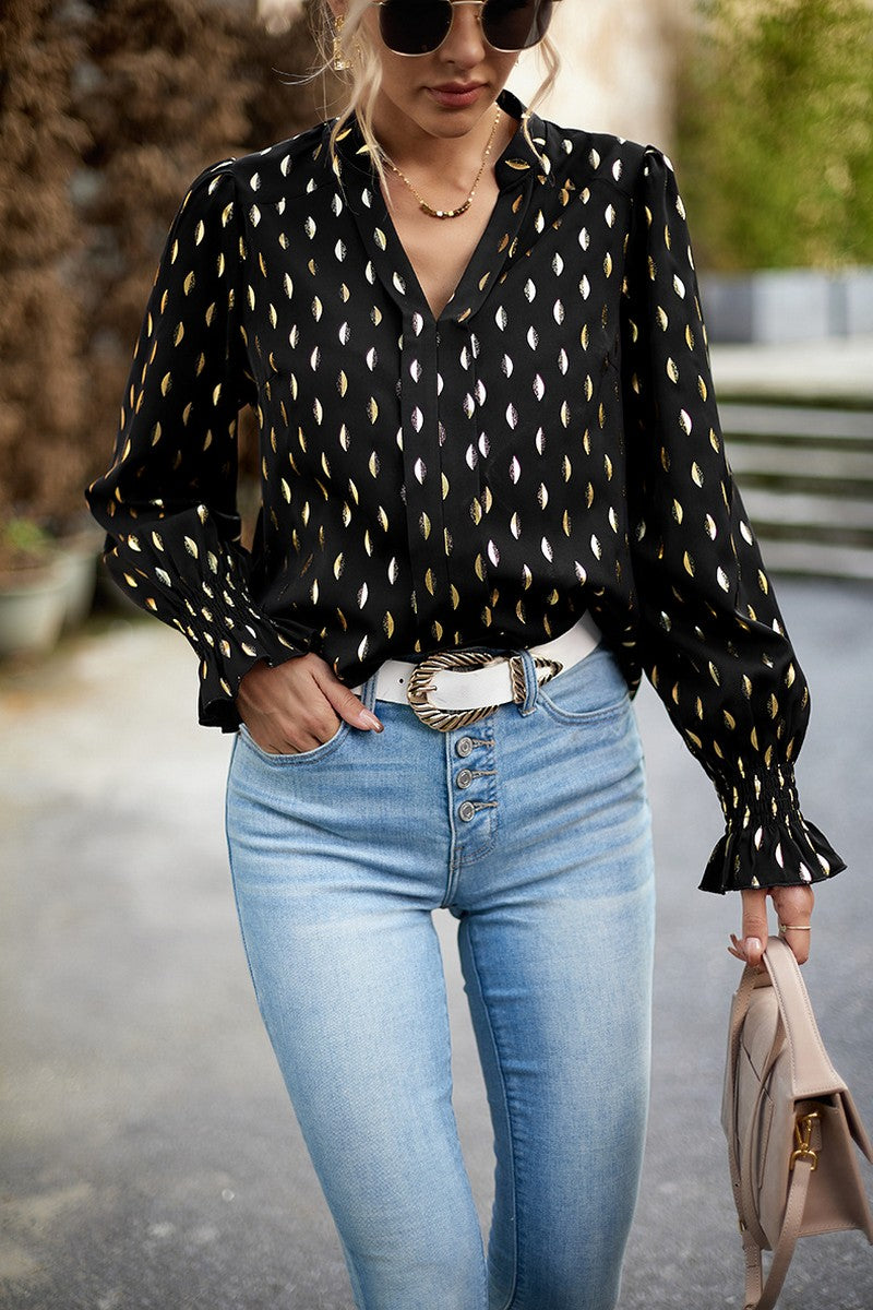 WOMEN V NECK PATTERNED OFFICE WORK BLOUSE TOP