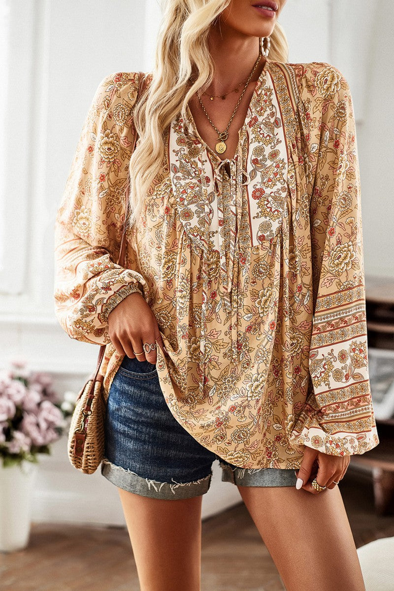 WOMEN TIED V NECK LONG SLEEVE BOHEMIAN BLOUSE