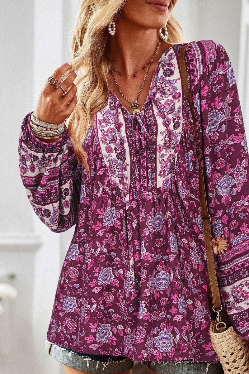 WOMEN TIED V NECK LONG SLEEVE BOHEMIAN BLOUSE