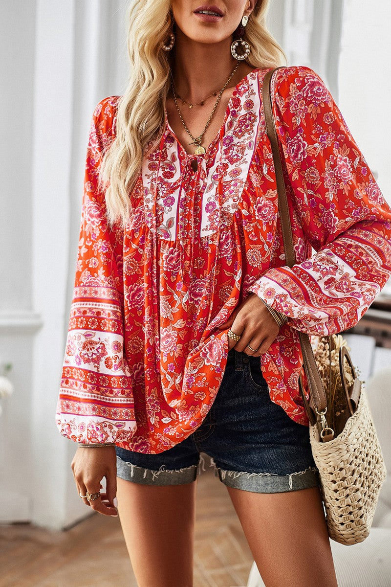 WOMEN TIED V NECK LONG SLEEVE BOHEMIAN BLOUSE