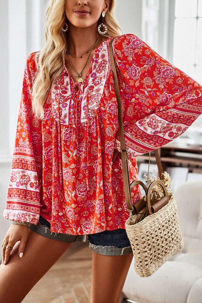 WOMEN TIED V NECK LONG SLEEVE BOHEMIAN BLOUSE