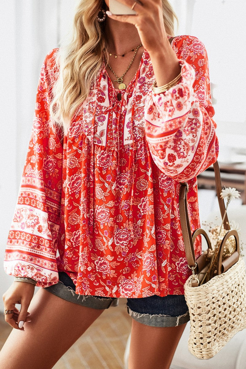 WOMEN TIED V NECK LONG SLEEVE BOHEMIAN BLOUSE