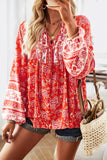 WOMEN TIED V NECK LONG SLEEVE BOHEMIAN BLOUSE