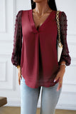 WOMEN LACE SWISS DOT SLEEVE V NECK OFFICE BLOUSE