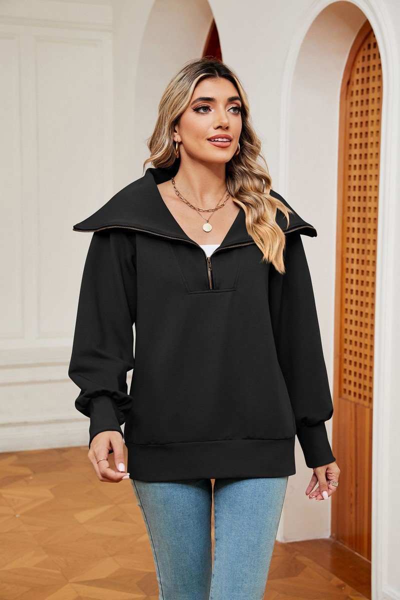 WOMEN LAPEL ZIP UP LONG SLEEVE LOOSE PULLOVER