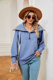 WOMEN LAPEL ZIP UP LONG SLEEVE LOOSE PULLOVER