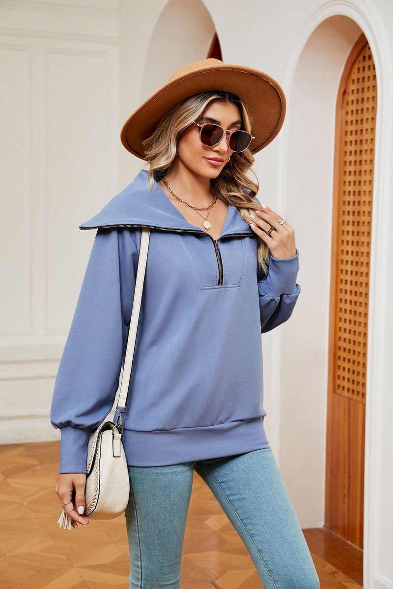 WOMEN LAPEL ZIP UP LONG SLEEVE LOOSE PULLOVER