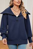 WOMEN LAPEL ZIP UP LONG SLEEVE LOOSE PULLOVER