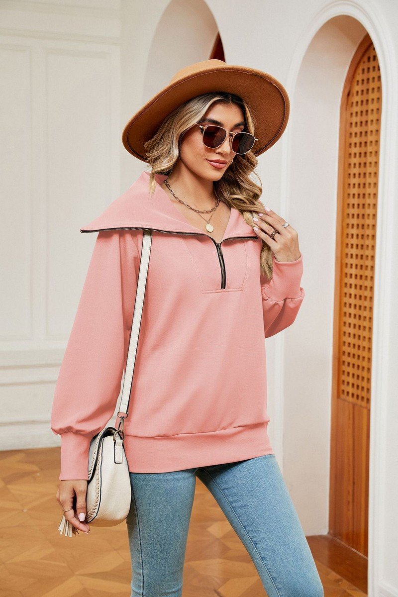 WOMEN LAPEL ZIP UP LONG SLEEVE LOOSE PULLOVER