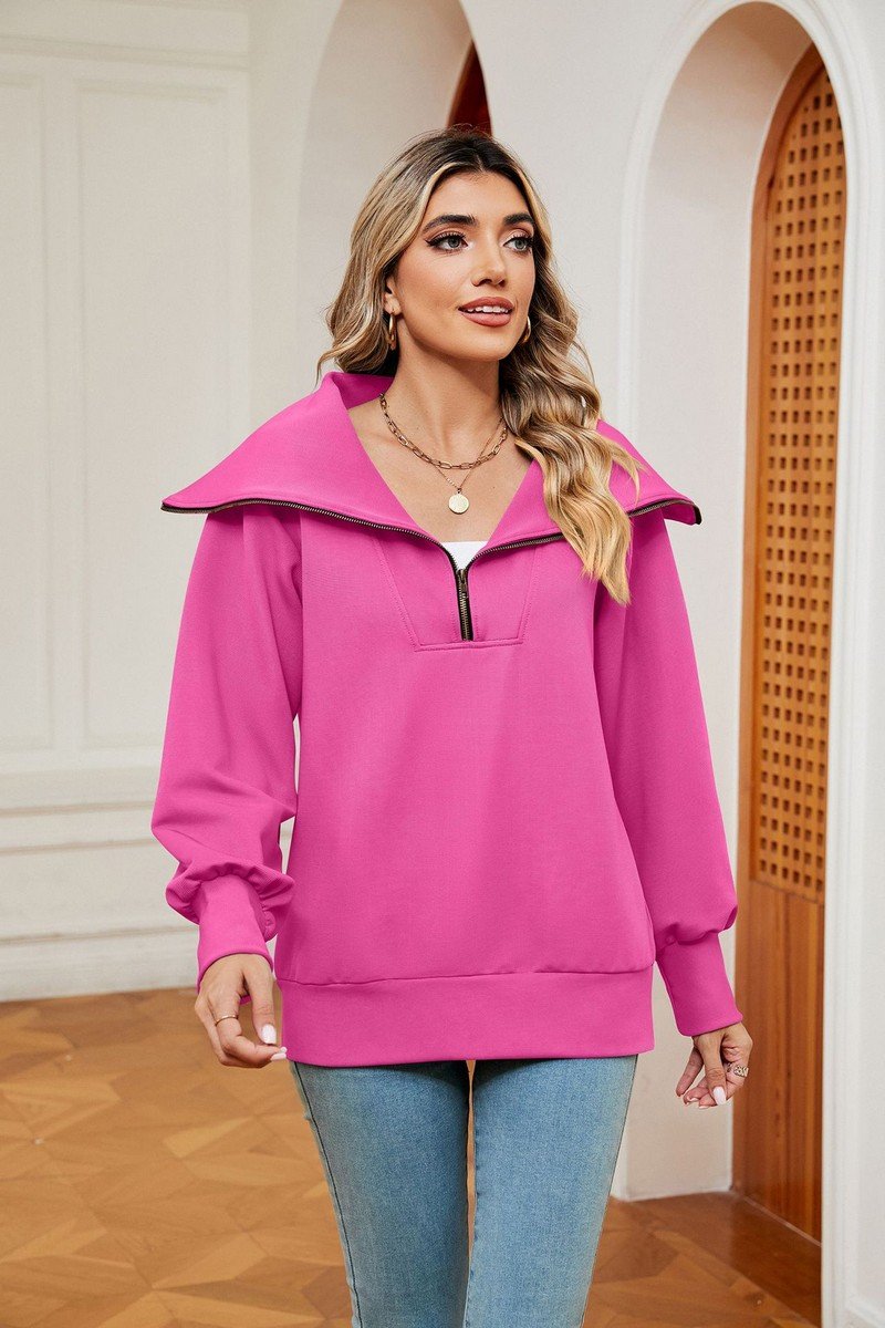 WOMEN LAPEL ZIP UP LONG SLEEVE LOOSE PULLOVER