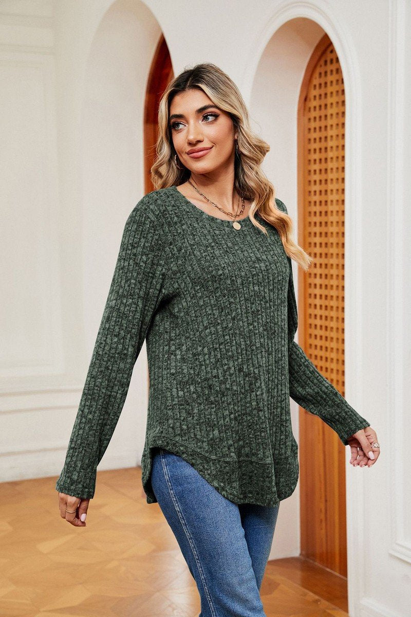 WOMEN CORDUROY LONG SLEEVE ROUND NECK KNIT TOP