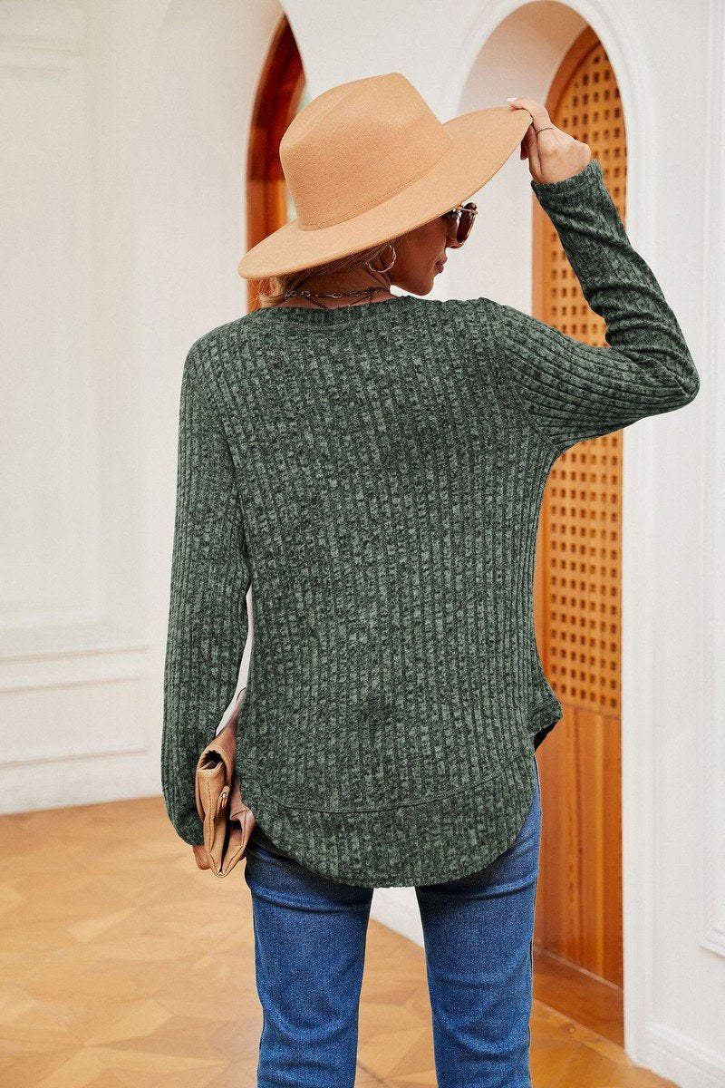 WOMEN CORDUROY LONG SLEEVE ROUND NECK KNIT TOP