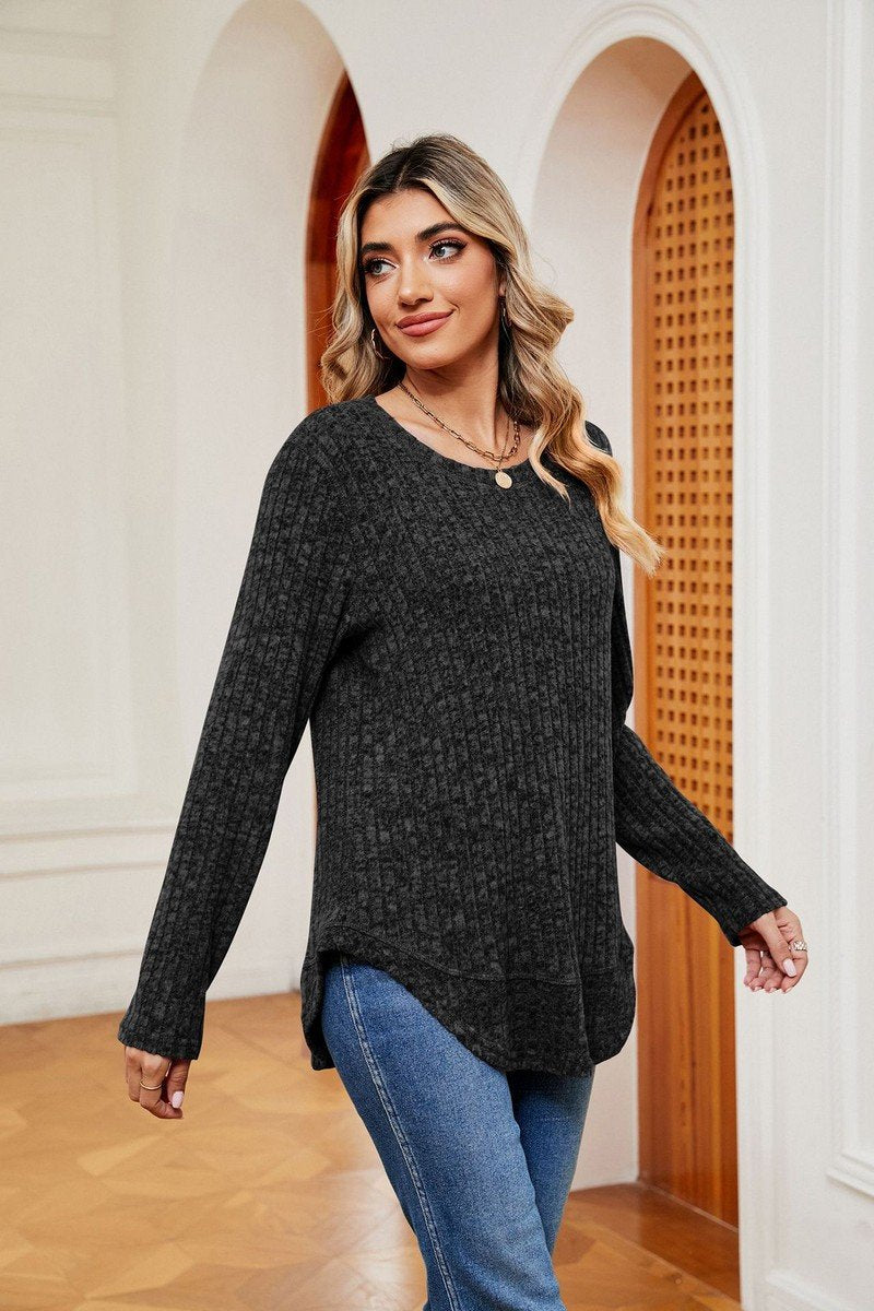 WOMEN CORDUROY LONG SLEEVE ROUND NECK KNIT TOP