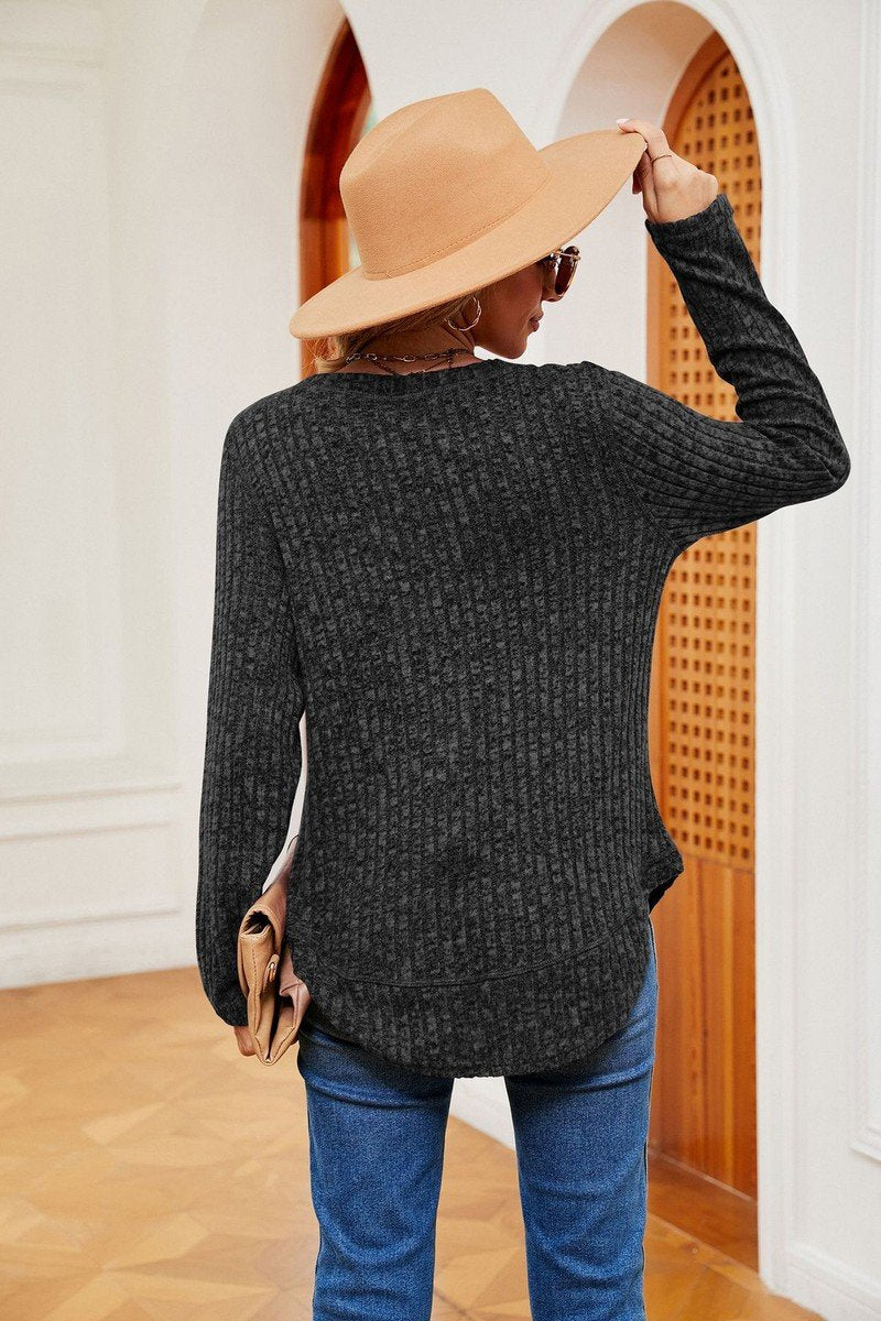 WOMEN CORDUROY LONG SLEEVE ROUND NECK KNIT TOP