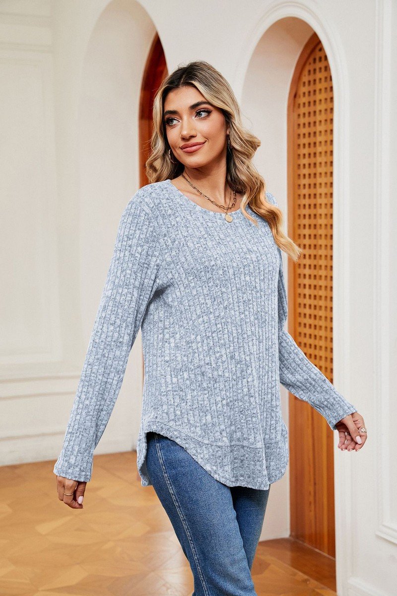 WOMEN CORDUROY LONG SLEEVE ROUND NECK KNIT TOP