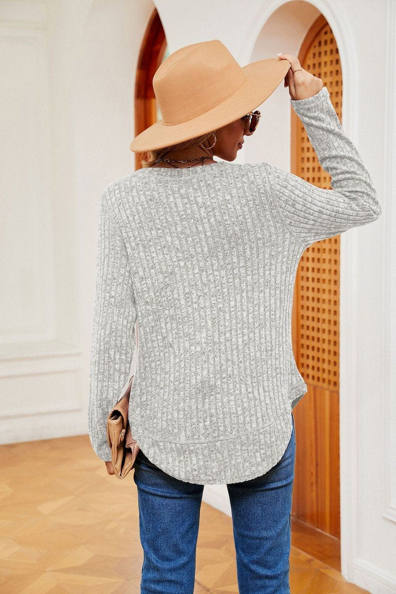 WOMEN CORDUROY LONG SLEEVE ROUND NECK KNIT TOP