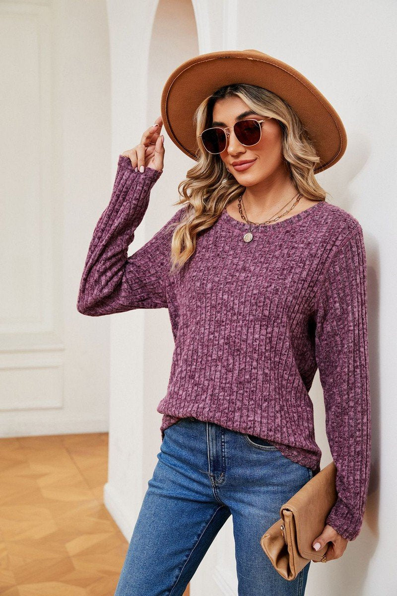 WOMEN CORDUROY LONG SLEEVE ROUND NECK KNIT TOP