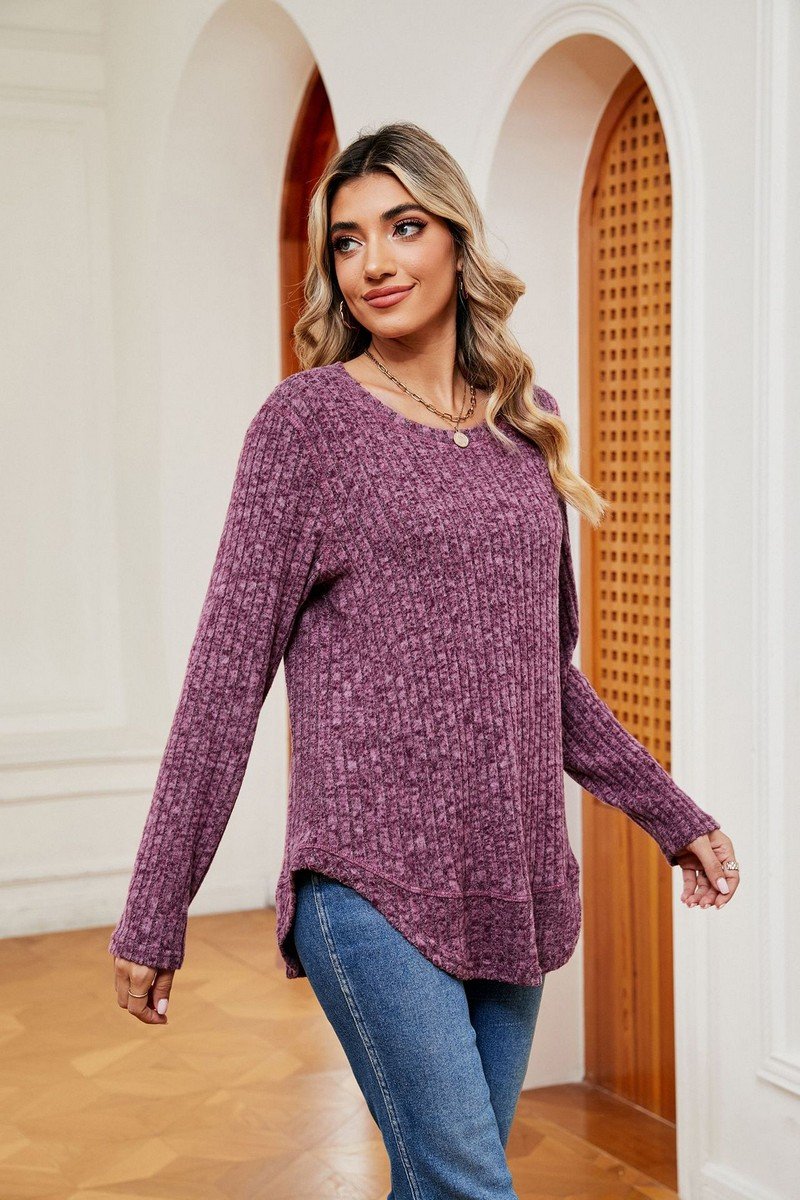 WOMEN CORDUROY LONG SLEEVE ROUND NECK KNIT TOP