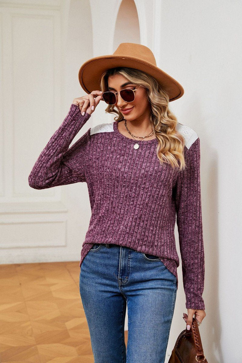 WOMEN COLOR BLOCK SHOULDER ROUND NECK KNIT TOP