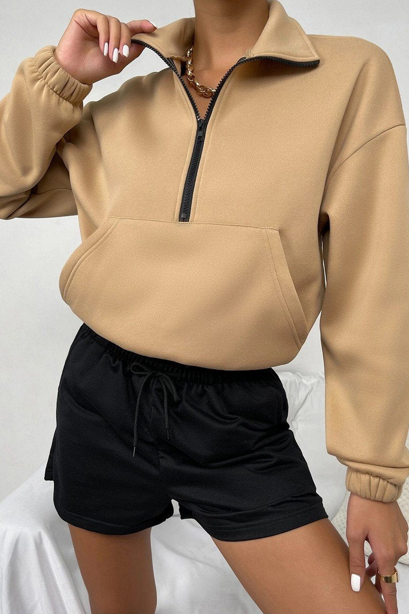 WOMEN HIGH NECK ZIP UP NECK KANGAROO PULLOVER