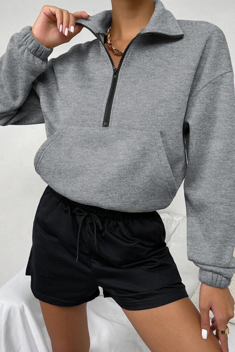 WOMEN HIGH NECK ZIP UP NECK KANGAROO PULLOVER