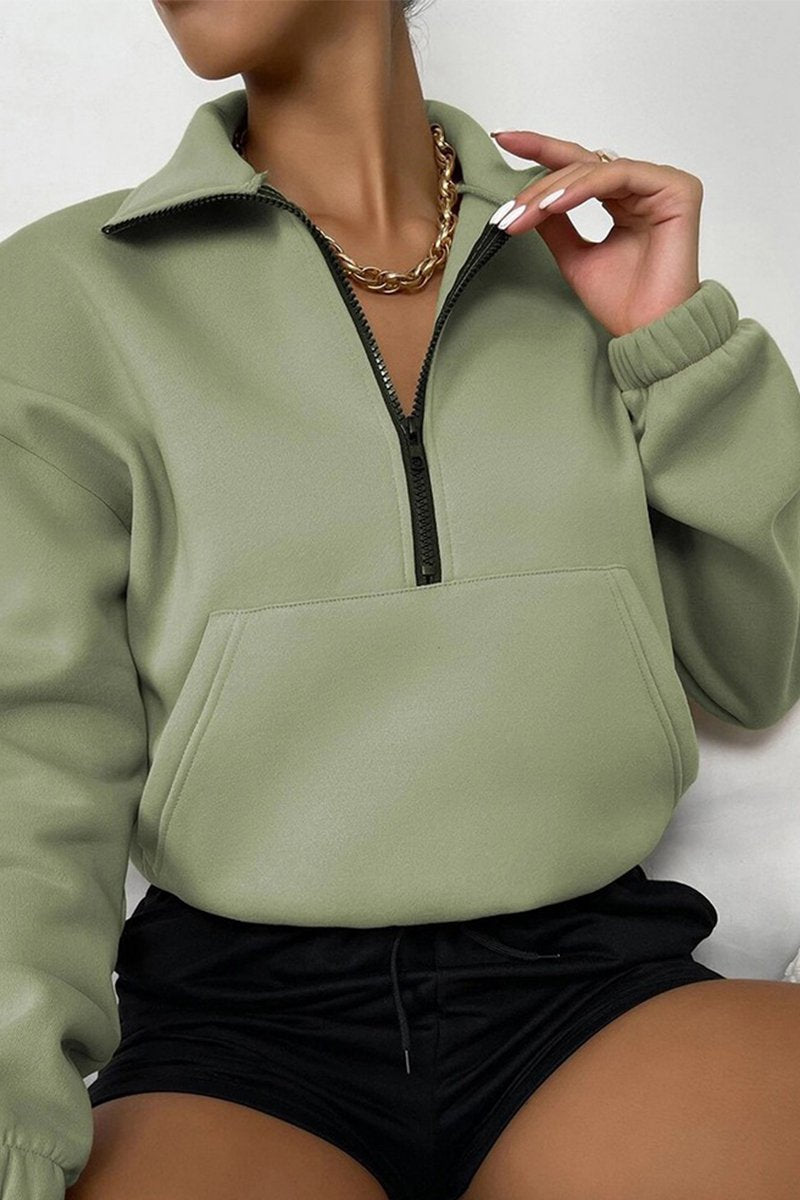 WOMEN HIGH NECK ZIP UP NECK KANGAROO PULLOVER