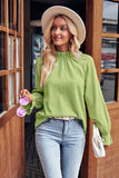 WOMEN SHIRRED HIGH NECK LONG SLEEVE SOLID BLOUSE