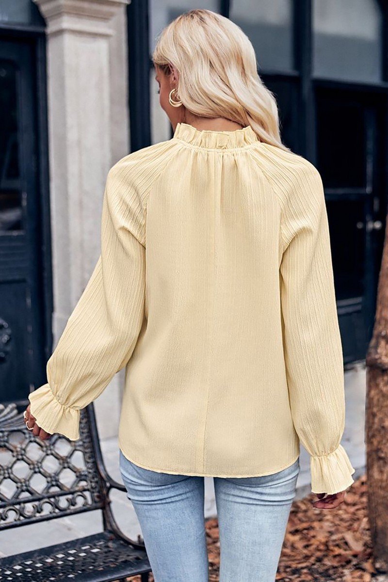 WOMEN SHIRRED HIGH NECK LONG SLEEVE SOLID BLOUSE