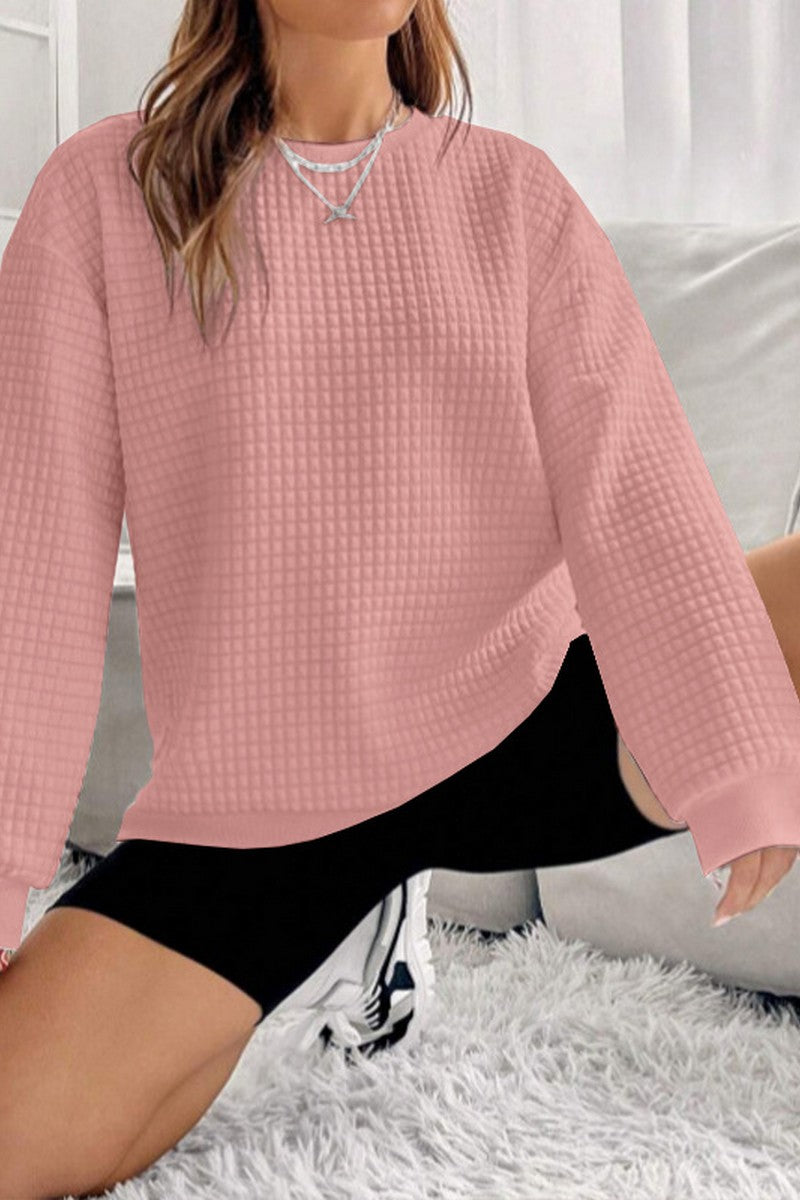 WOMEN LOOSE FIT SOLID LONG SLEEVE WAFFLE PULLOVER