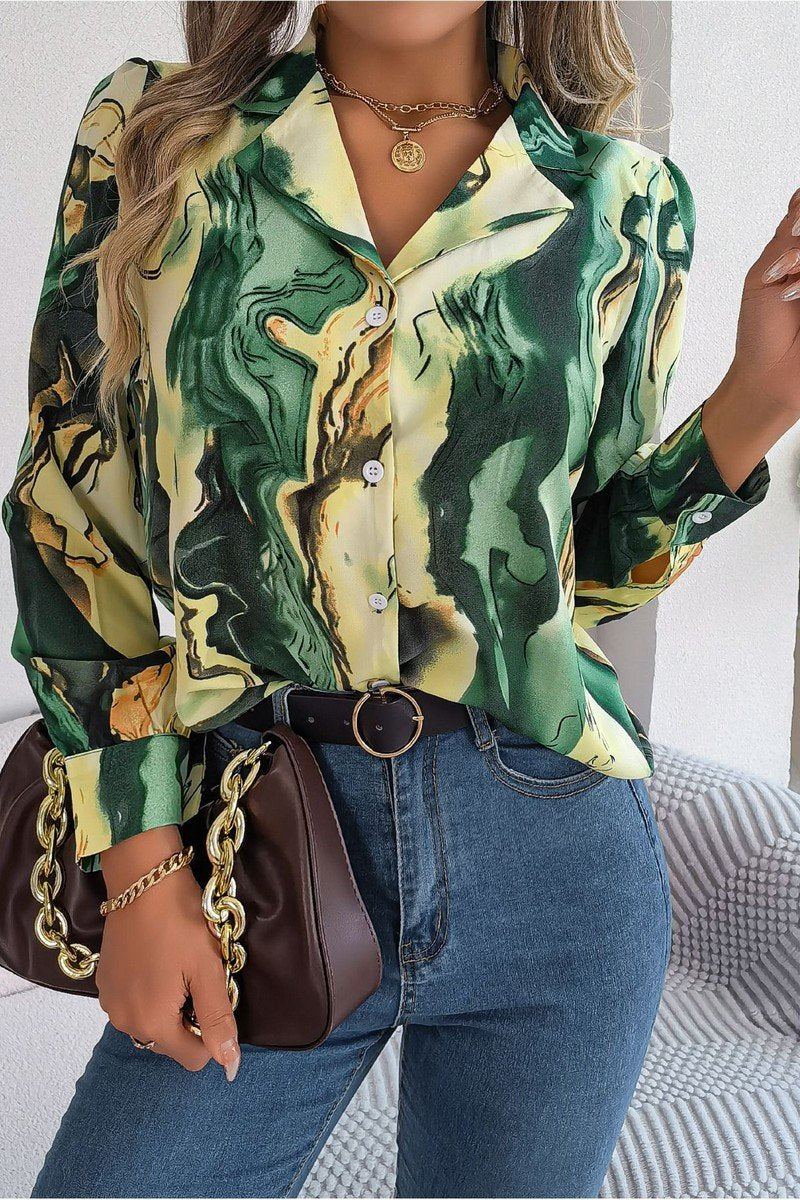 WOMEN MARBLE PATTERNED BUTTON DOWN OFFICE BLOUSE