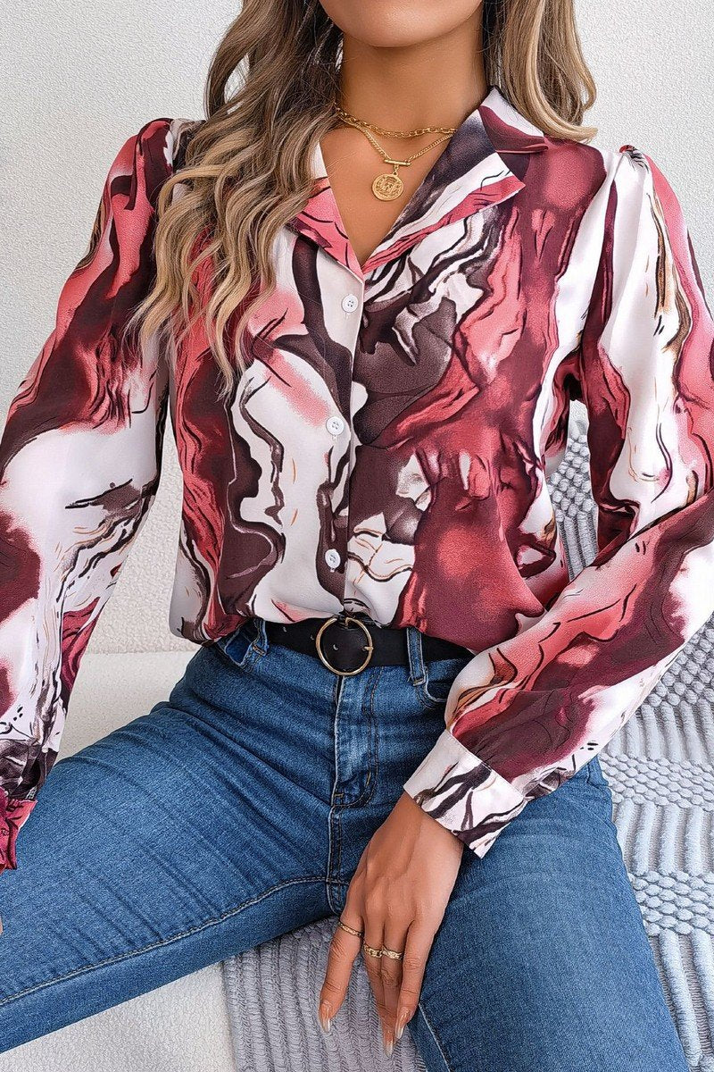 WOMEN MARBLE PATTERNED BUTTON DOWN OFFICE BLOUSE