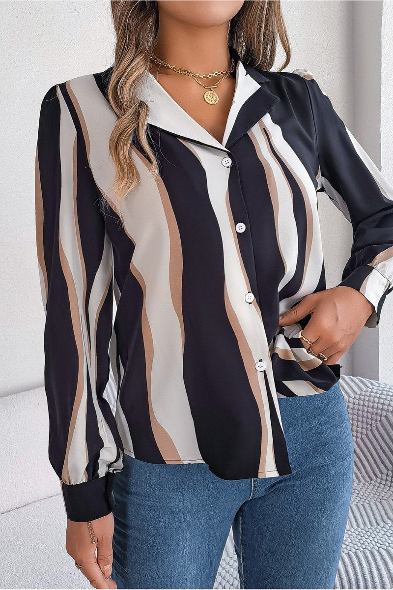 WOMEN STRIPE PATTERNED BUTTON DOWN OFFICE BLOUSE