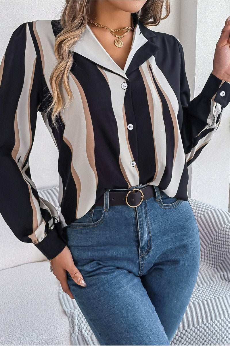 WOMEN STRIPE PATTERNED BUTTON DOWN OFFICE BLOUSE