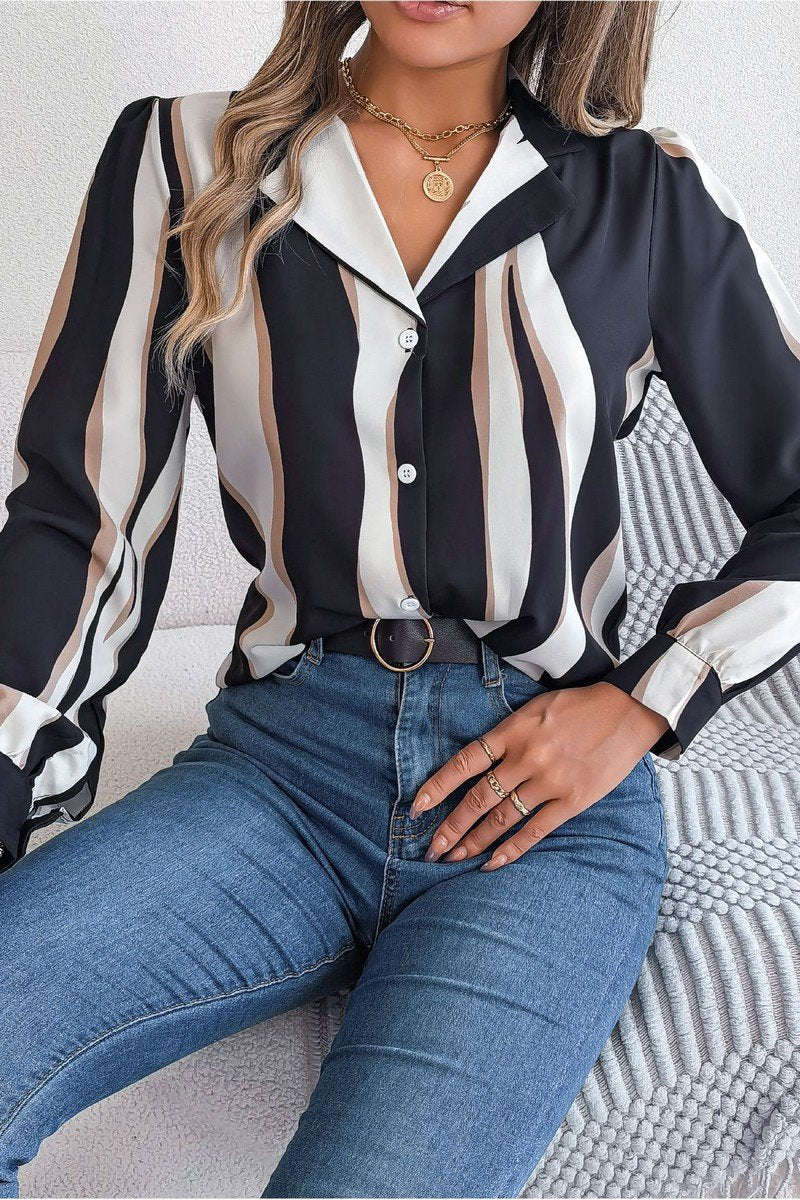 WOMEN STRIPE PATTERNED BUTTON DOWN OFFICE BLOUSE