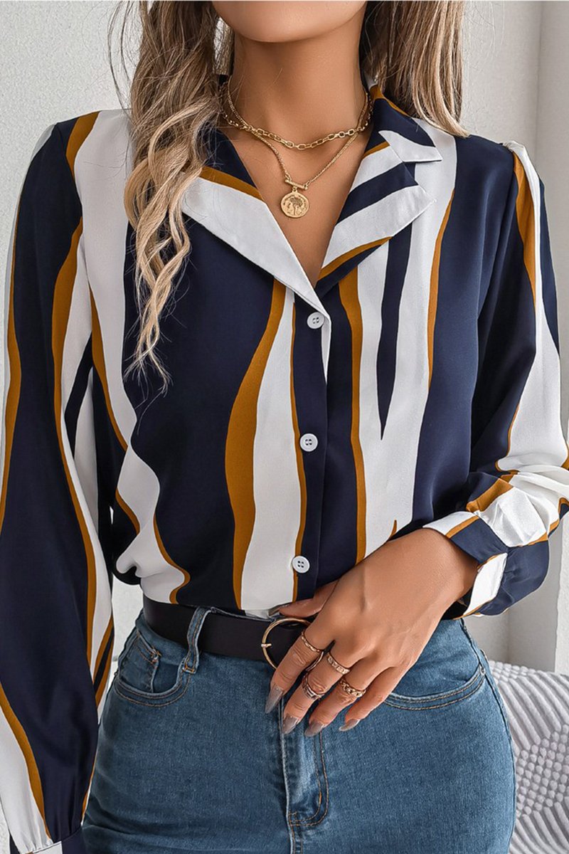 WOMEN STRIPE PATTERNED BUTTON DOWN OFFICE BLOUSE