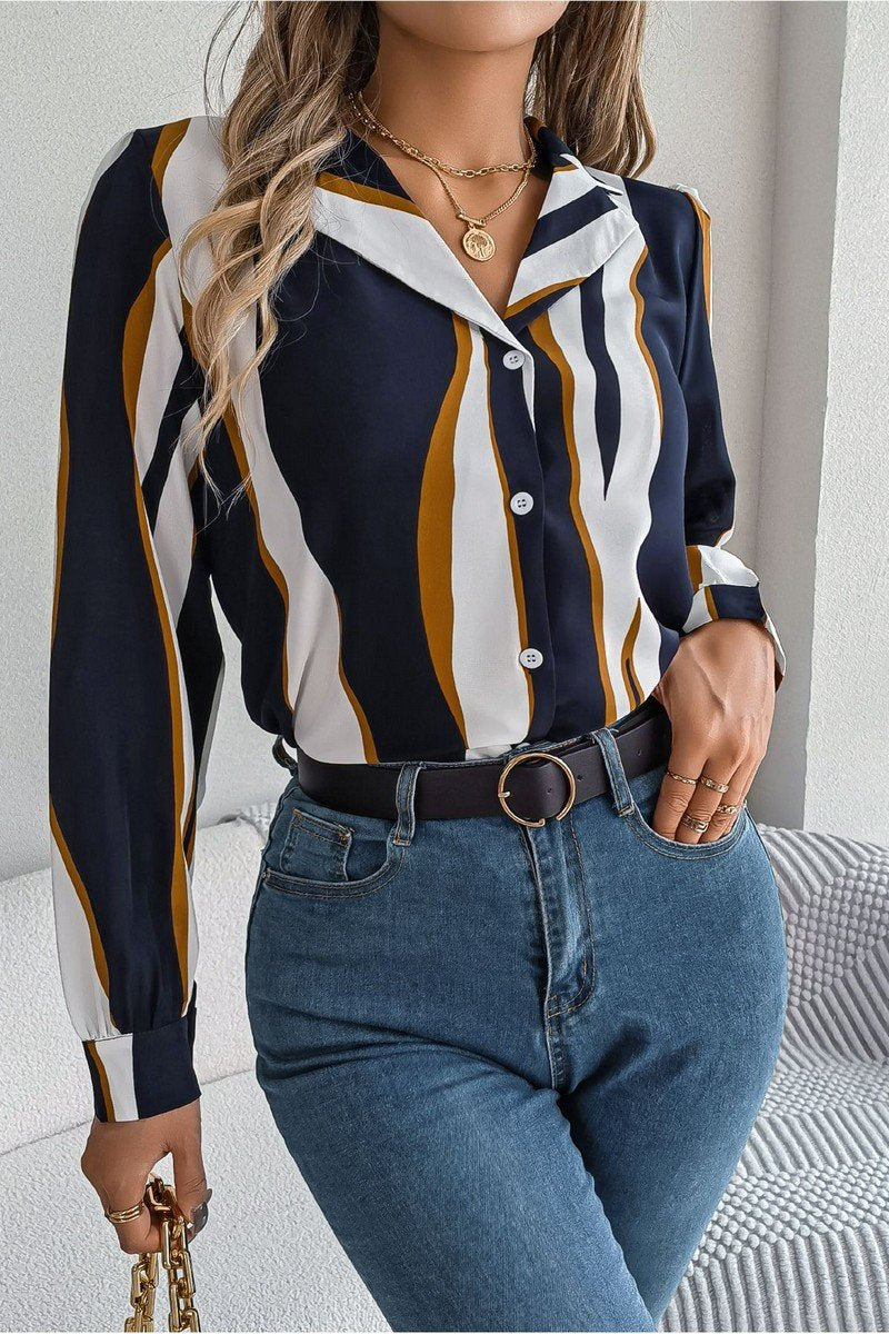 WOMEN STRIPE PATTERNED BUTTON DOWN OFFICE BLOUSE