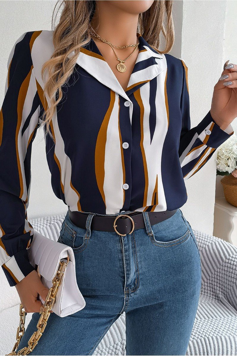 WOMEN STRIPE PATTERNED BUTTON DOWN OFFICE BLOUSE