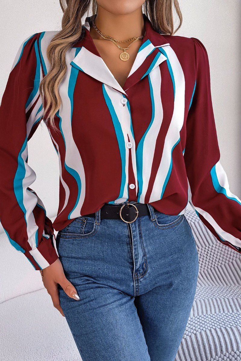 WOMEN STRIPE PATTERNED BUTTON DOWN OFFICE BLOUSE