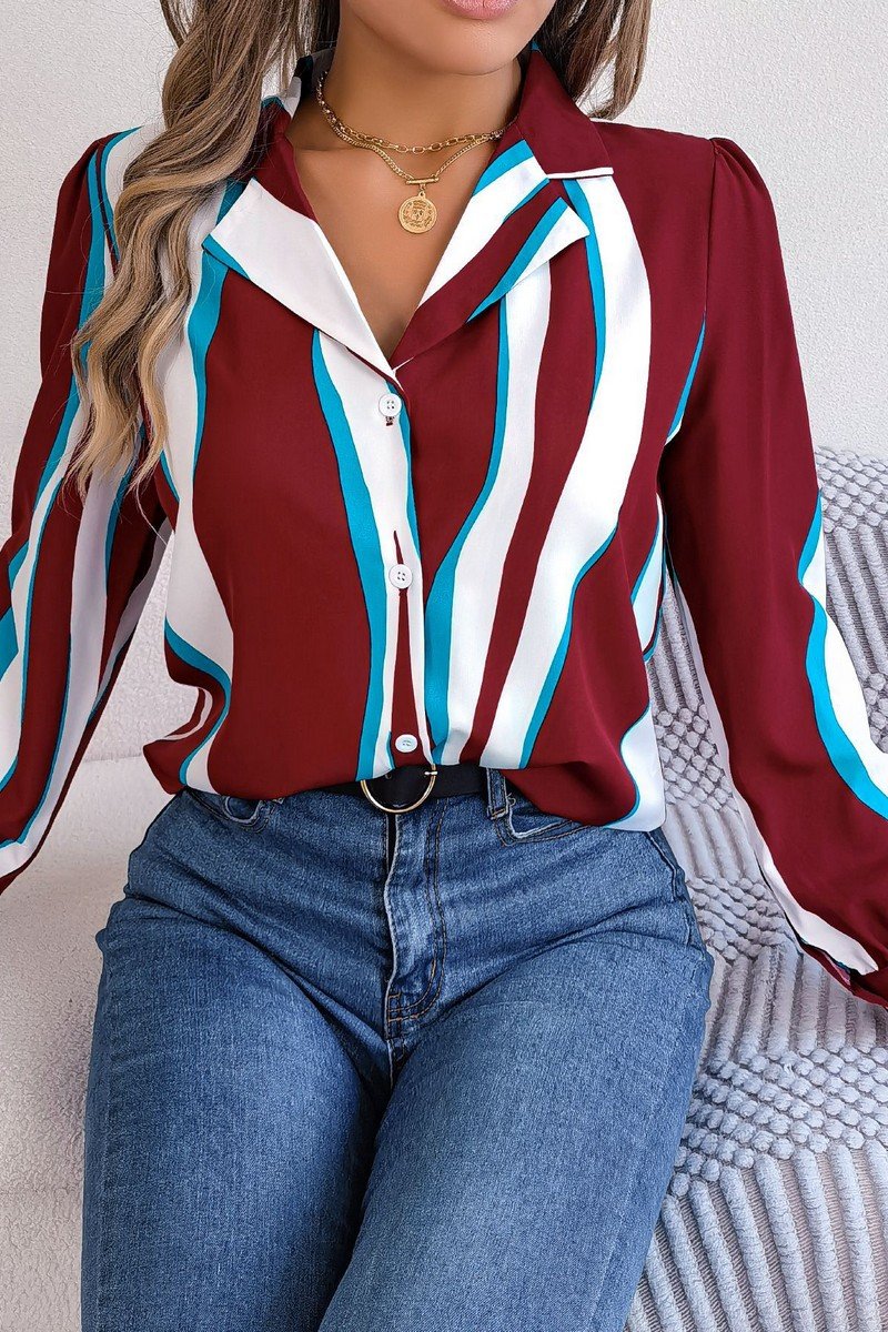 WOMEN STRIPE PATTERNED BUTTON DOWN OFFICE BLOUSE