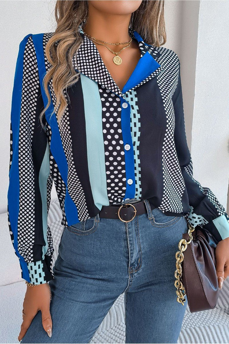 WOMEN POLKA DOT PATTERN BUTTON DOWN OFFICE BLOUSE