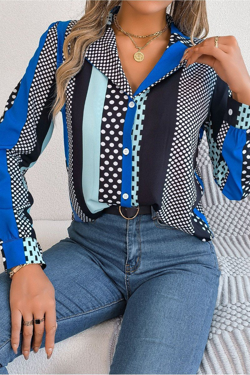 WOMEN POLKA DOT PATTERN BUTTON DOWN OFFICE BLOUSE