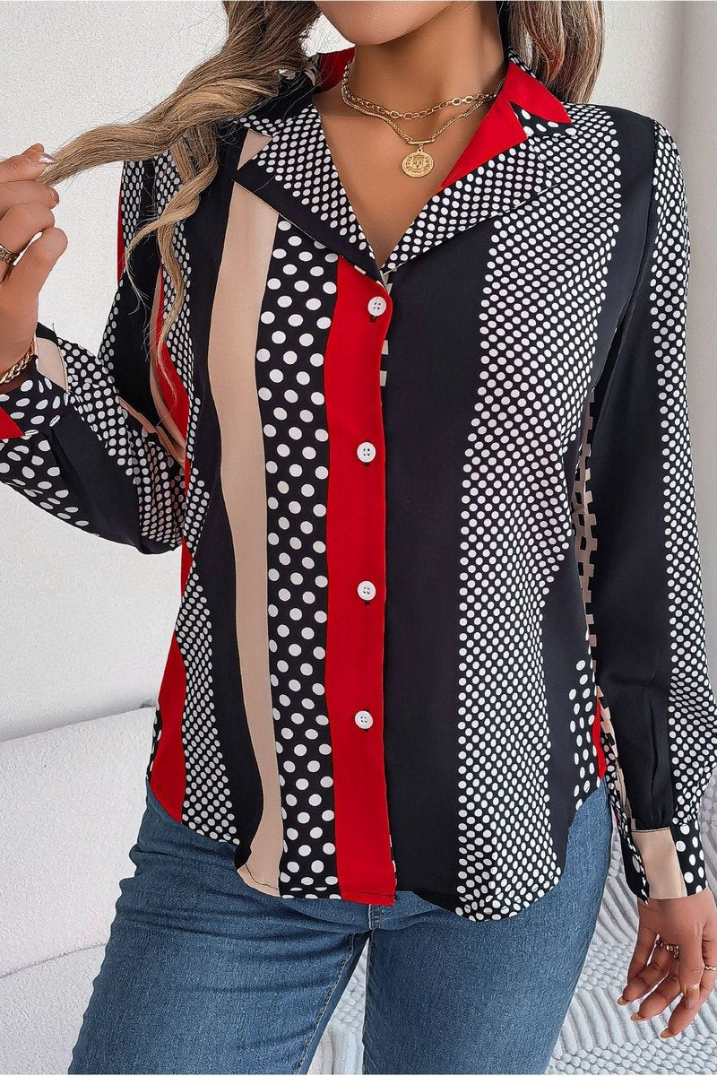 WOMEN POLKA DOT PATTERN BUTTON DOWN OFFICE BLOUSE