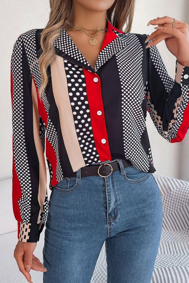 WOMEN POLKA DOT PATTERN BUTTON DOWN OFFICE BLOUSE