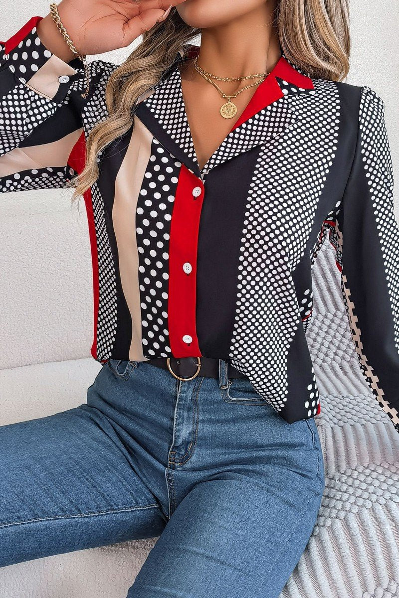 WOMEN POLKA DOT PATTERN BUTTON DOWN OFFICE BLOUSE