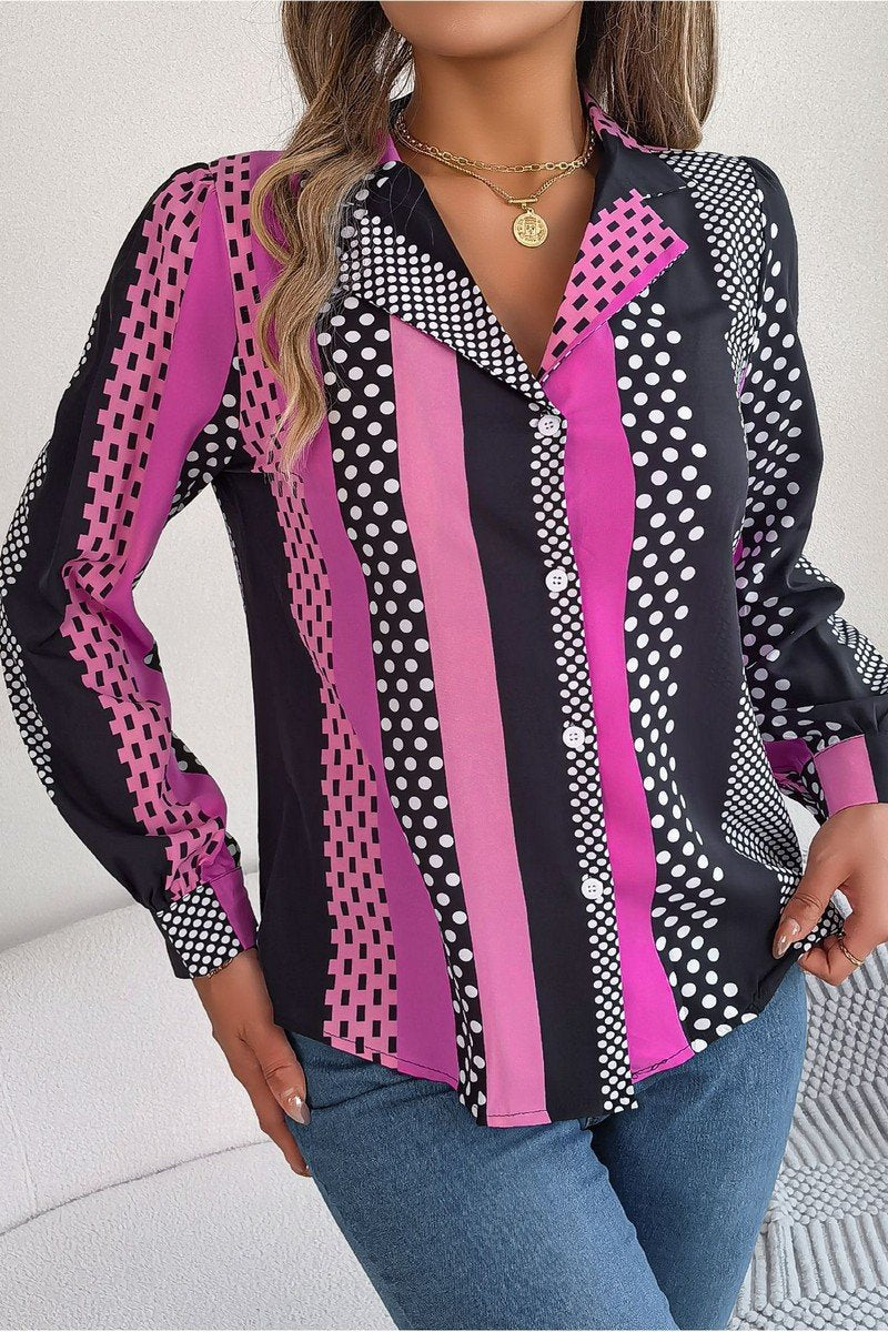 WOMEN POLKA DOT PATTERN BUTTON DOWN OFFICE BLOUSE