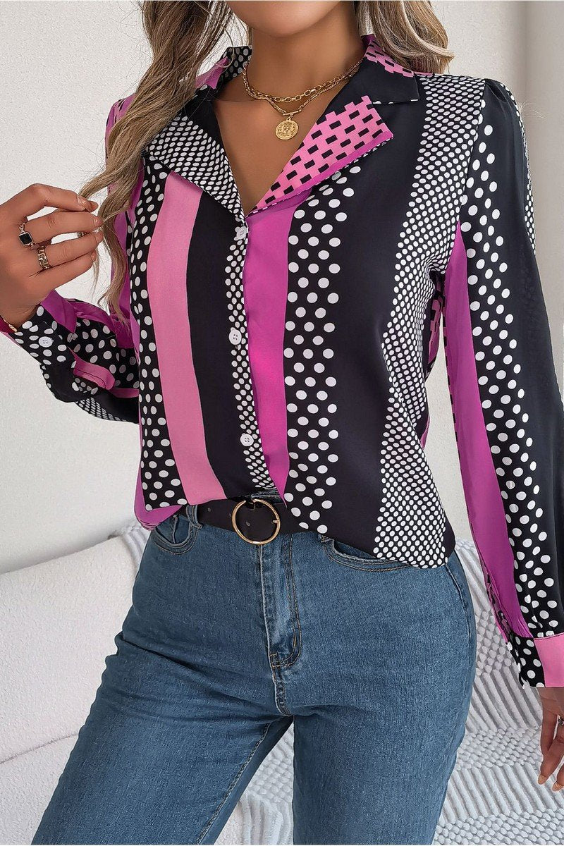 WOMEN POLKA DOT PATTERN BUTTON DOWN OFFICE BLOUSE